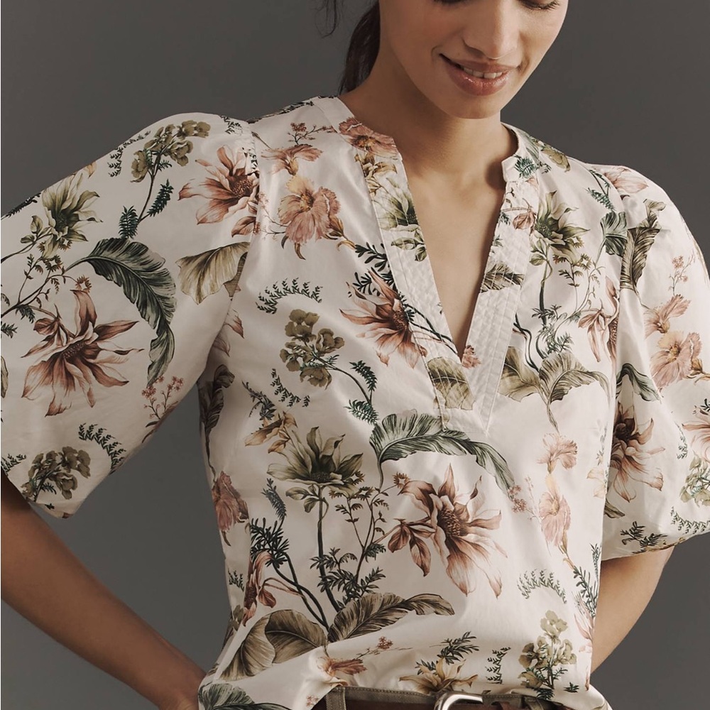 Anthropologie Floral Blouse in Cream and Green